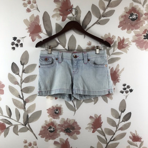 GLO Mini Stretch 5 Pocket Light Wash Blue Denim Jean Shorts 5 - Picture 3 of 15